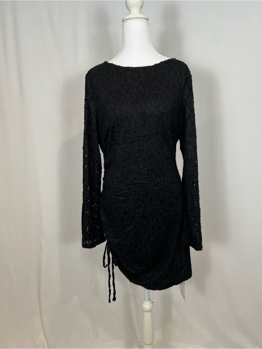 Long-Sleeve Black Lace Knit Dress with Side Ruched Tie - Picture 6 of 16
